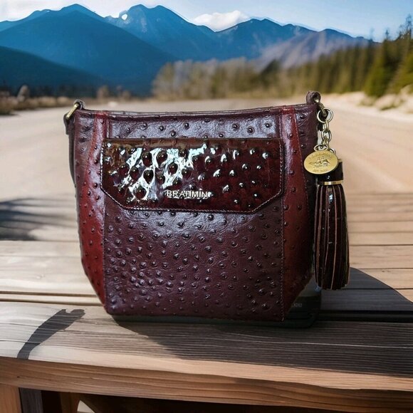 Brahmin Burgundy Crossbody Bag Croc Ostrich Embossed Leather Tassel Charm